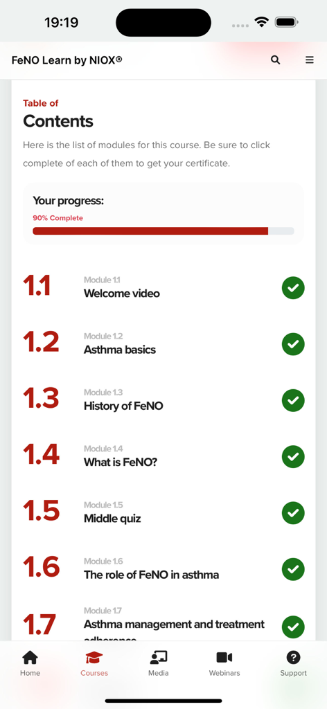 Tela de sumário no aplicativo FeNO Learn listando módulos de educação sobre asma e o progresso do usuário.