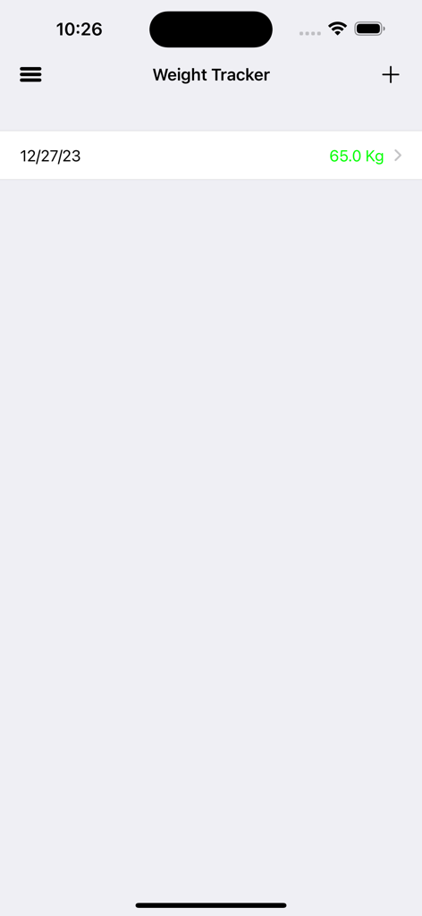 Pantalla del rastreador de peso que muestra un historial de entradas de peso registradas con fechas
