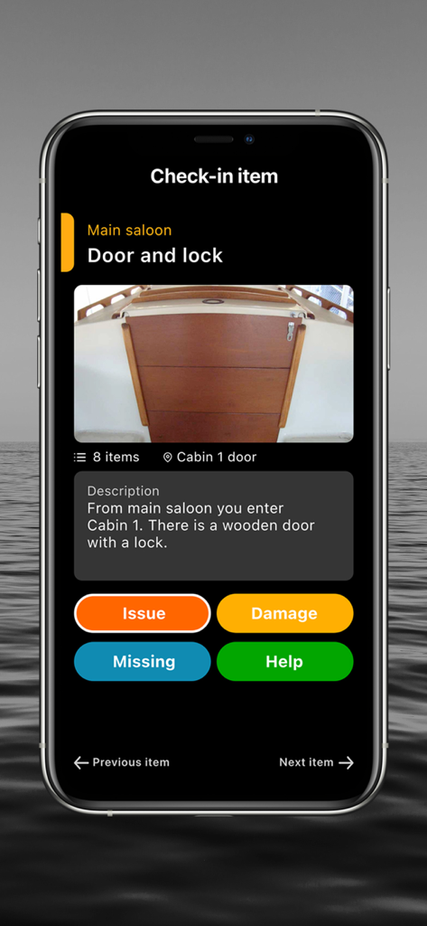The Charter App check-in screen showing a yacht cabin door and lock with options for damage or missing items