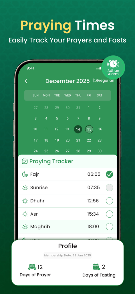 Muslim App interface showing prayer times and a habit tracker for prayers and fasting.
