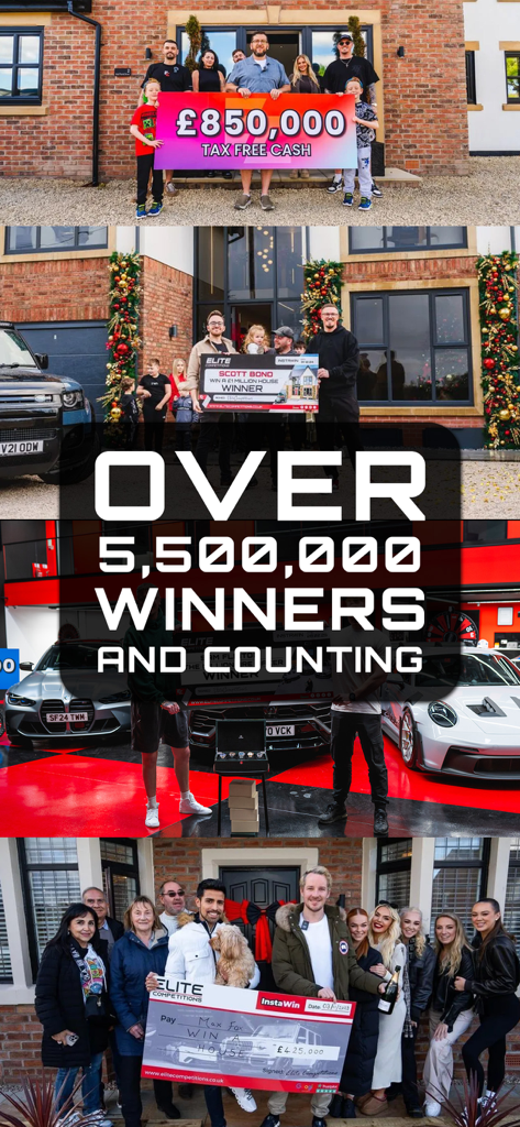 Elite Competitions - Uma galeria de vencedores da Elite Competitions exibindo prémios de luxo, incluindo carros, casas e dinheiro
