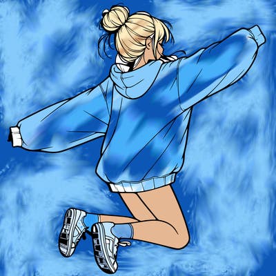 realistic girl jumping with a bun and oversized sweatshirt