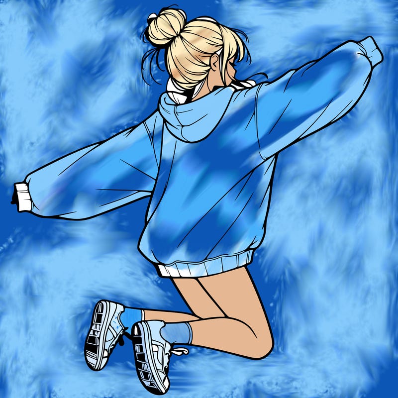 realistic girl jumping with a bun and oversized sweatshirt