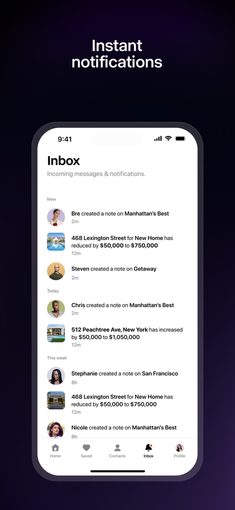 Luxury Presence (Copilot) - Luxury Presence app inbox displaying instant notifications for price drops and collaborative client notes.