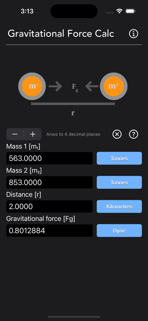 Gravitational Force Calculator - Screenshot of the Gravitational Force Calculator app interface showing physics calculation fields for mass and distance