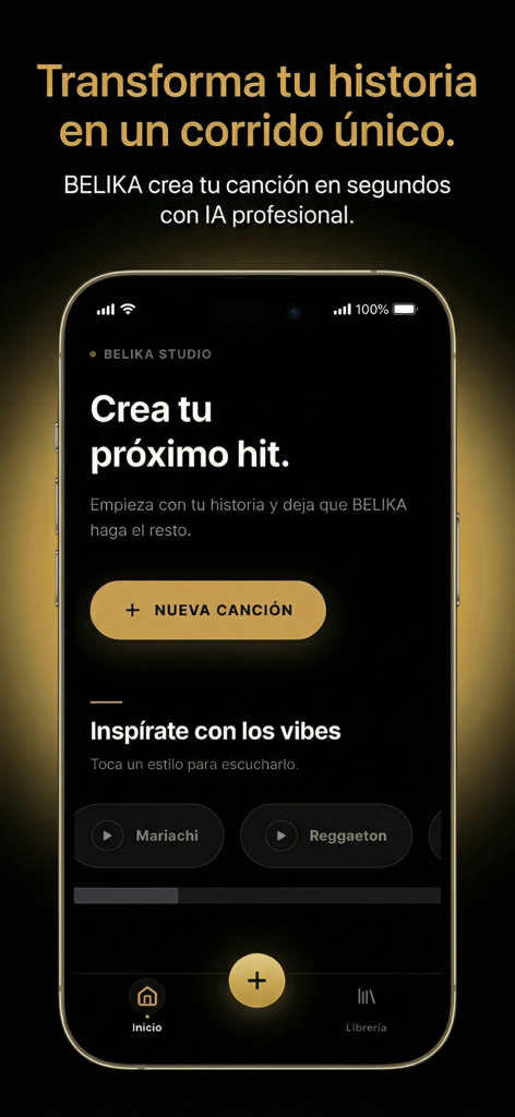Interface de l'application mobile Belika montrant l'écran d'accueil pour créer une chanson corrido IA personnalisée avec divers styles de musique comme le Mariachi et le Reggaeton.
