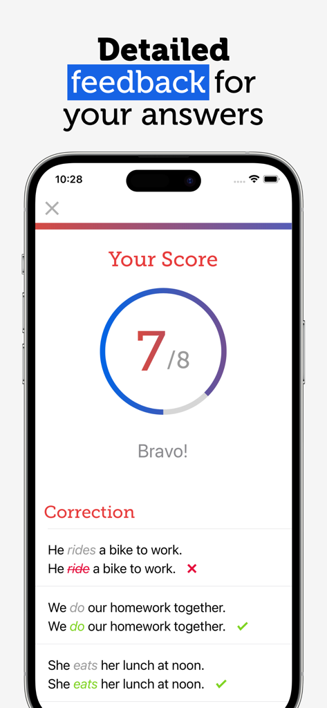 Grammo - Learn English Grammar - A screenshot of the Grammo app showing a grammar quiz score of 7 out of 8 with a list of detailed corrections for the answers.