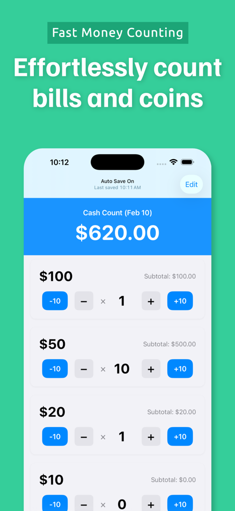 Money Counter app interface for counting bills and coins by denomination.
