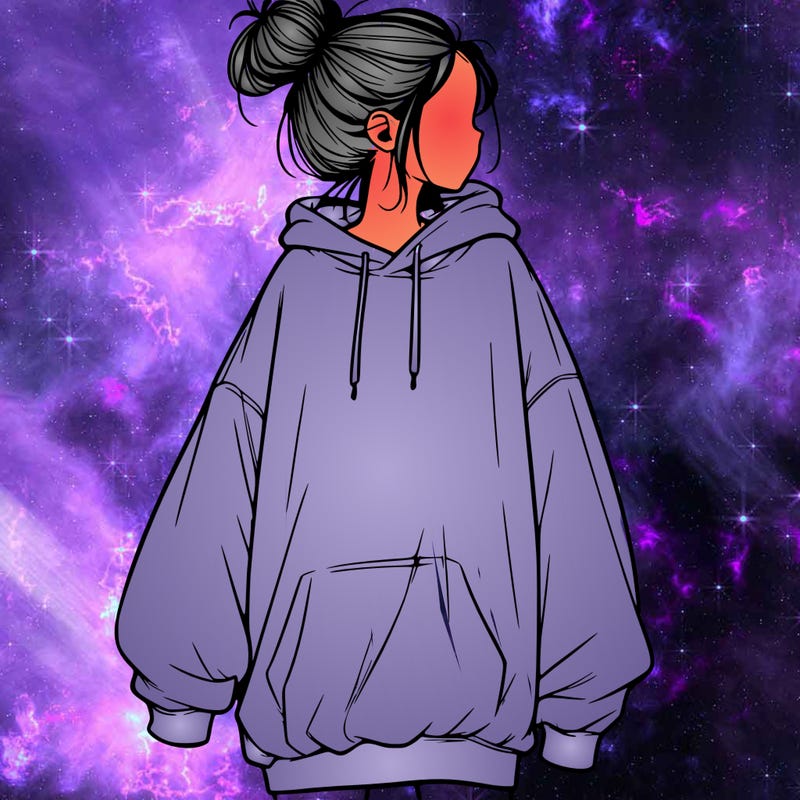 realistic girl with a oversized sweatshirt on and a bun