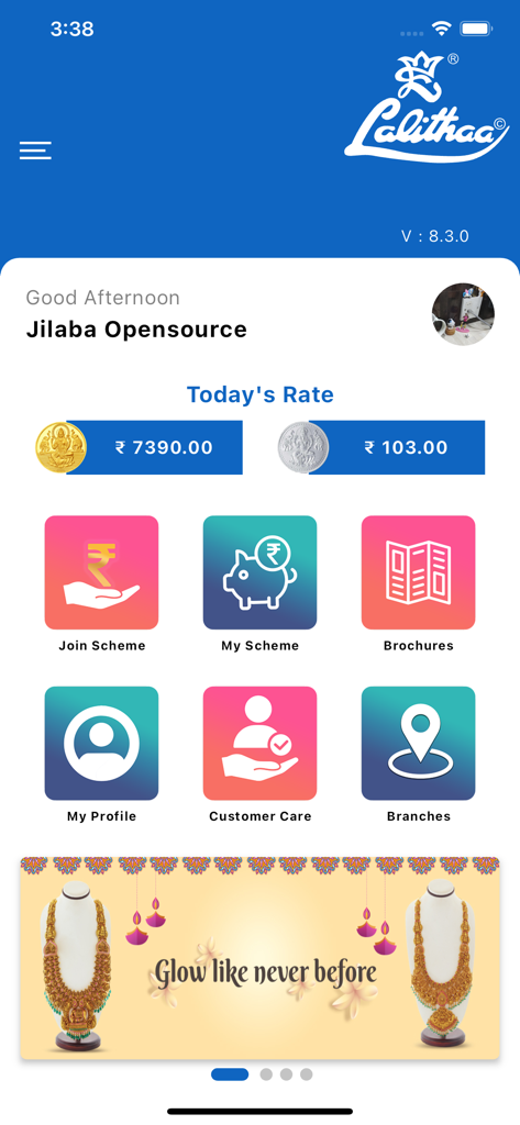 Pantalla de inicio de la aplicación Lalithaa Jewellery mostrando precios diarios de oro y opciones de esquema de inversión