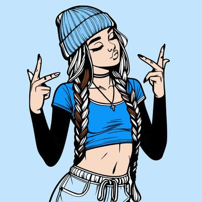 realistic teenage girl with braids and a beanie and crop top doing 🫶🏼