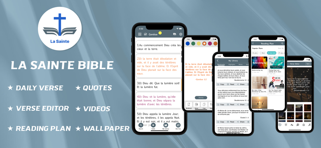 フランス語聖書アプリのインターフェース、毎日の聖句、読書プラン、ライブラリ機能を表示