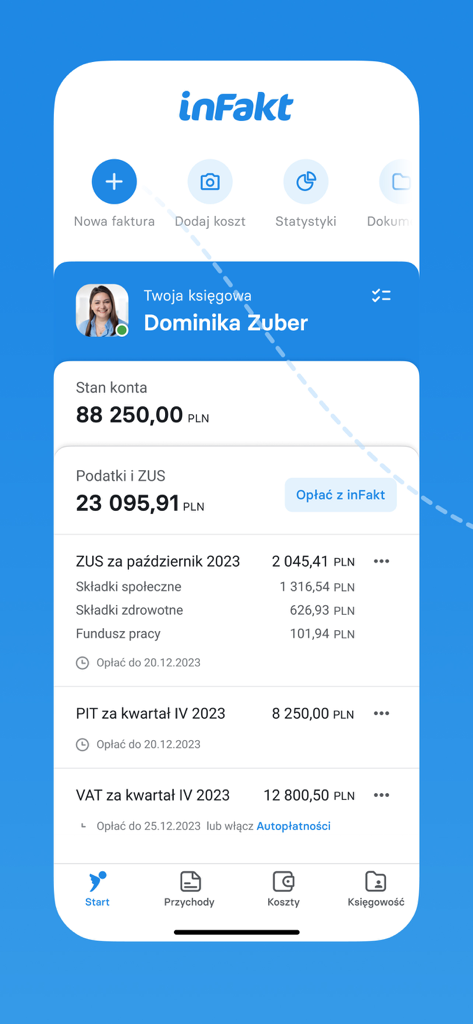 inFakt — KSeF Faktury Księgowi - inFakt mobile app interface displaying account balance tax breakdown and accountant profile for Polish business owners