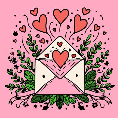 an envelope with hearts floating out of it, surrounded by floral accents or ribbons.