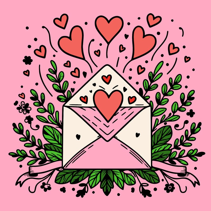 an envelope with hearts floating out of it, surrounded by floral accents or ribbons.
