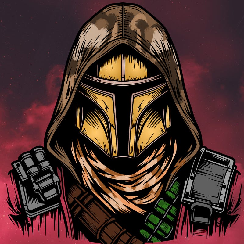 realistic warrior bounty hunter with mask and hood on