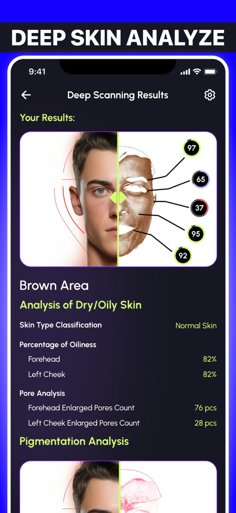LooksMax - Looksmaxxing Guide - A detailed skin analysis report on the LooksMax app showing oiliness and pore count