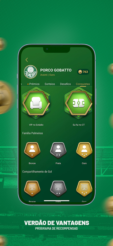Palmeiras Oficial - The rewards program screen of the Palmeiras Oficial app showing fan achievement badges and tiers