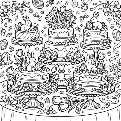Get ready for a sweet Easter celebration with this charming coloring page featuring an array of beautifully decorated cake stands. Adorned with cute bunnies, patterned eggs, and spring blossoms, it's a perfect activity to welcome the season.