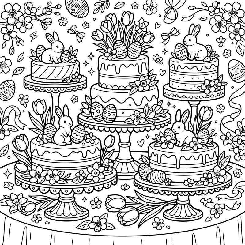 Get ready for a sweet Easter celebration with this charming coloring page featuring an array of beautifully decorated cake stands. Adorned with cute bunnies, patterned eggs, and spring blossoms, it's a perfect activity to welcome the season.