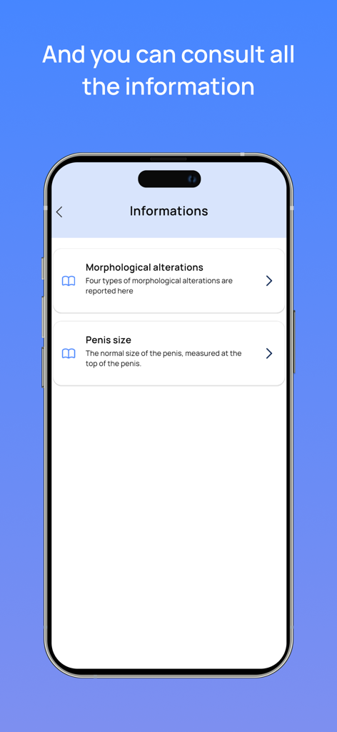 Check Him - A smartphone displaying the medical information screen of the Check Him app with categories for morphological alterations and penis size.