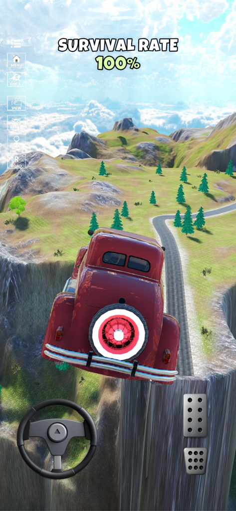 Car Survival Rate - Red vintage car falling from a mountain cliff in the Car Survival Rate mobile game