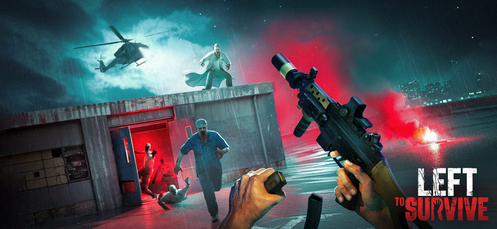 Perspectiva en primera persona de un jugador con un rifle táctico enfrentándose a zombis y un helicóptero militar por la noche