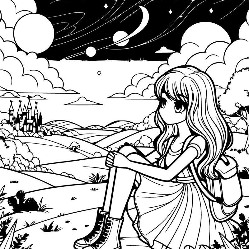 realistic girl sitting on far away hill in a magical world