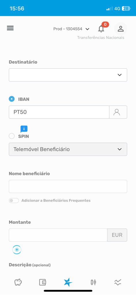 Interface for national money transfers in the Banco Invest Homebanking app