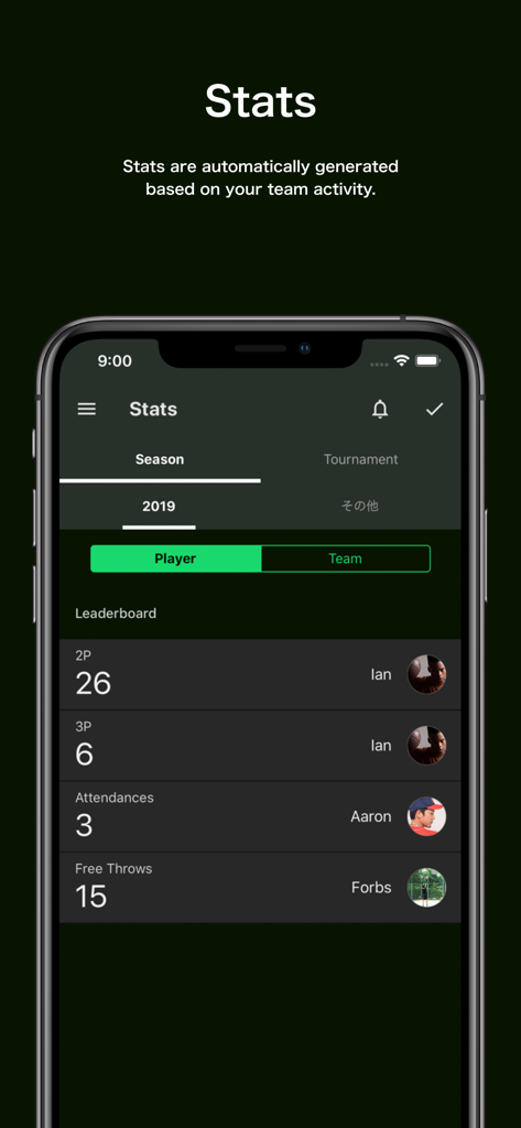 TeamHub - Manage Sports Teams - TeamHub app interface displaying automatically generated player statistics and a leaderboard for a sports team
