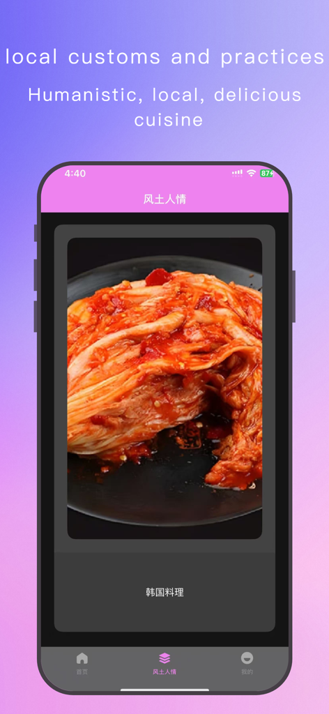 Korean Wave Circle - Interface de l'application Korean Wave Circle présentant le plat traditionnel de kimchi.