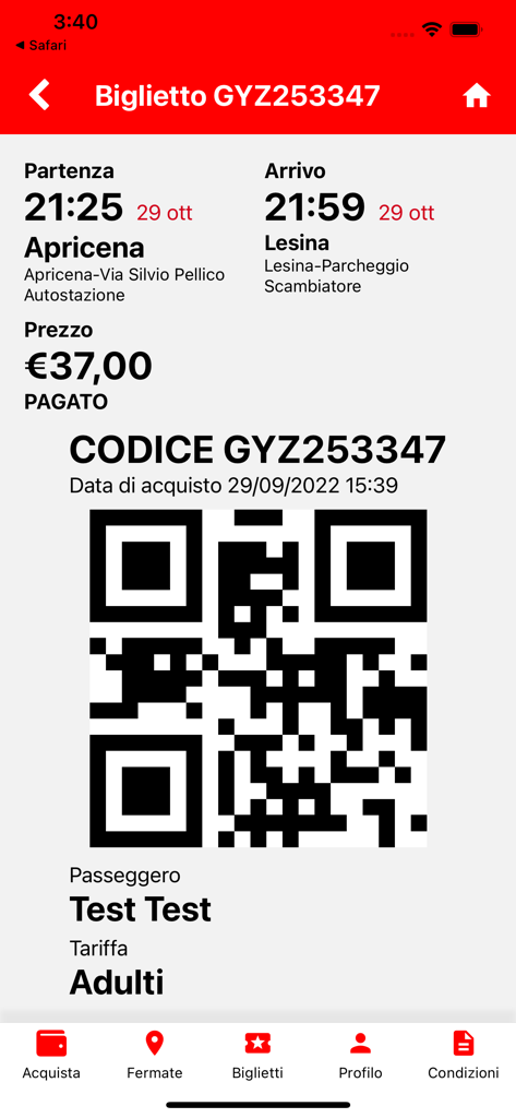 Ferrovie del Gargano - Biglietto digitale Ferrovie del Gargano che mostra i dettagli del viaggio da Apricena a Lesina con un codice QR scansionabile