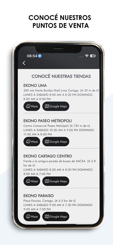 Tiendas Ekono - Tela do aplicativo Tiendas Ekono mostrando locais de lojas e horários de funcionamento