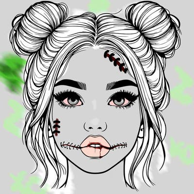 realistic girl with two buns on her hair and lips