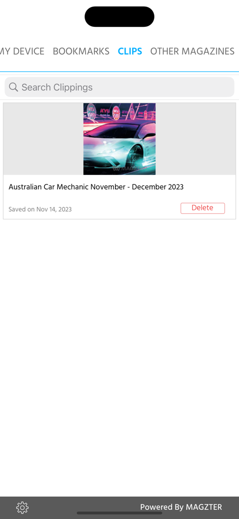 Interface showing saved article clippings within the Australian Car Mechanic app