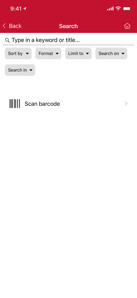 Cork City Libraries - The search screen of the Cork City Libraries mobile app showing a search bar and a scan barcode option