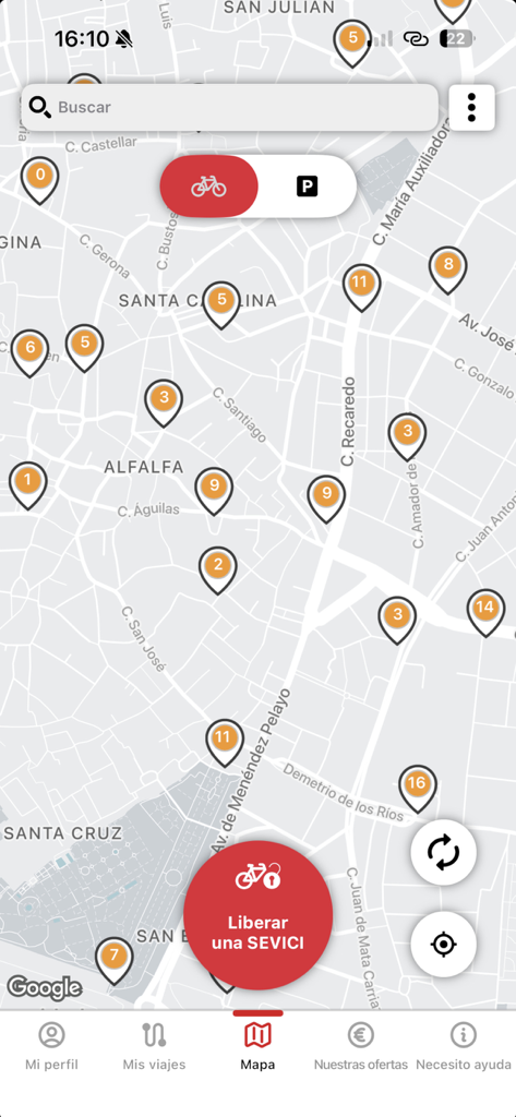 SEVICI app map showing bike station locations and availability