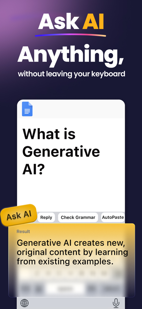 AI Keyboard: KeyAI - Interfaz del teclado KeyAI mostrando la función Preguntar a la IA con una respuesta generada en pantalla
