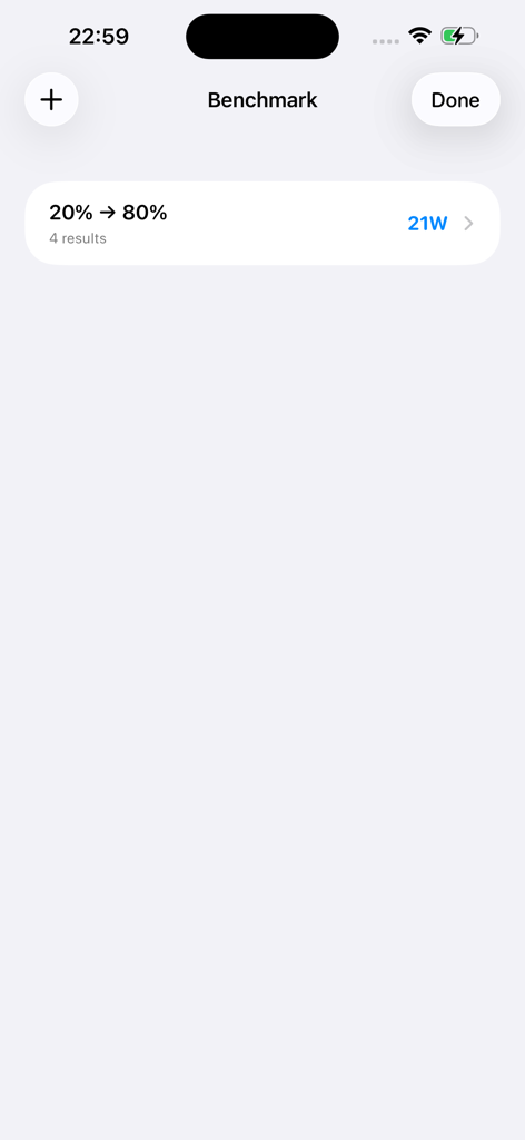 Watt Charging Speed - Benchmark screen of the Watt Charging Speed app showing a 21W result for a 20 to 80 percent battery charging range