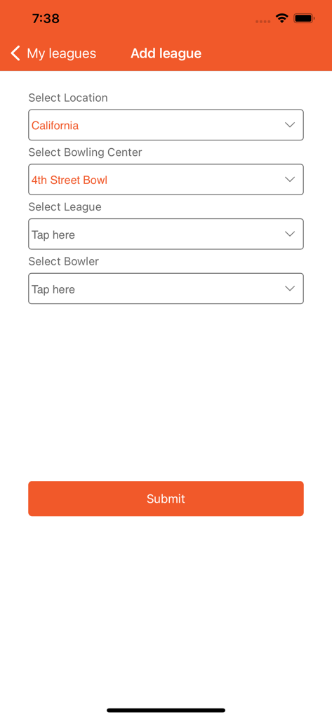 League Secretary - Add league interface in the League Secretary app showing dropdown menus for location and bowling center selection