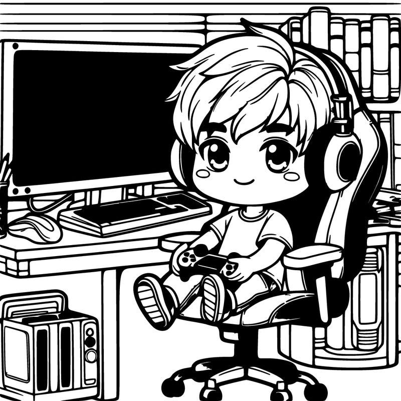 cute boy cartoon in a gaming chair in a gaming set up