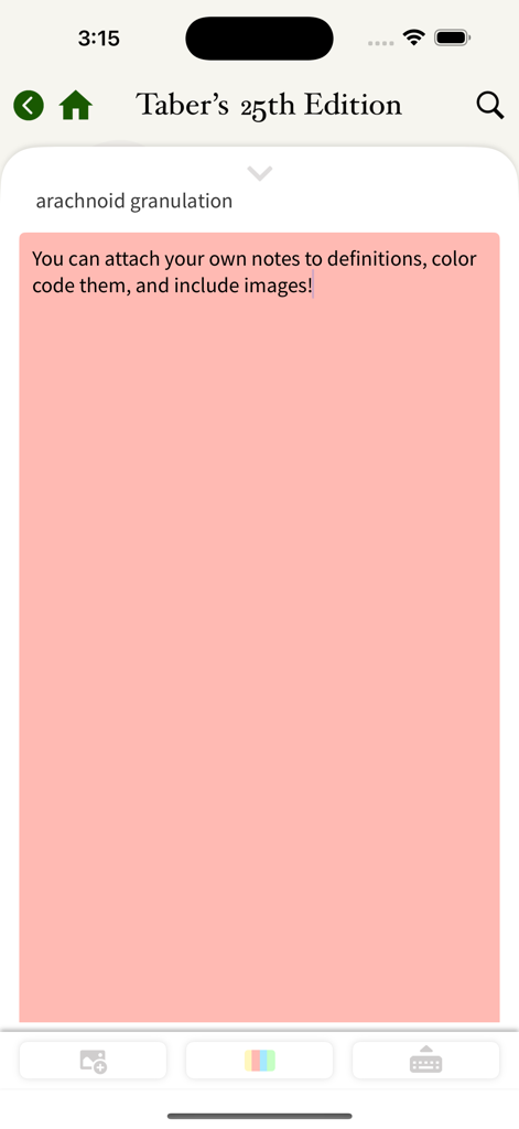 Medical Dictionary 25th Ed. - Captura de pantalla de la aplicación Diccionario Médico 25.ª Edición mostrando funciones de toma de notas personalizadas y codificación por colores para términos médicos.