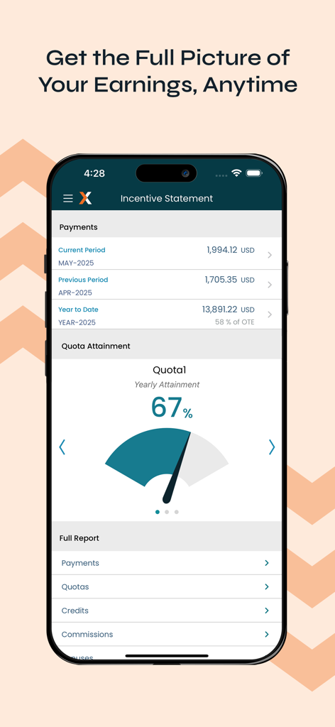 Xactly Incent - Xactly Incent app screen showing incentive statement with earnings and quota attainment progress