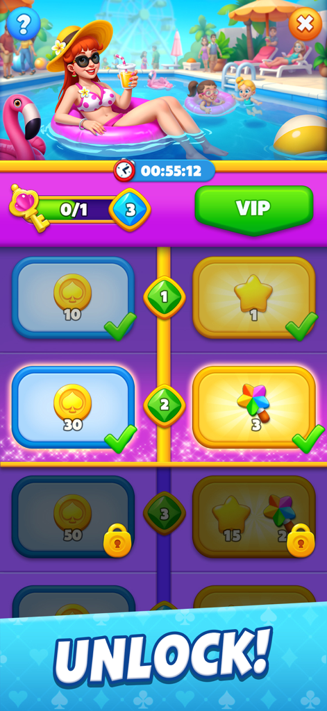 Solitaire Story - Solitaire Story game interface showing the VIP reward progression path with unlockable coins and stars