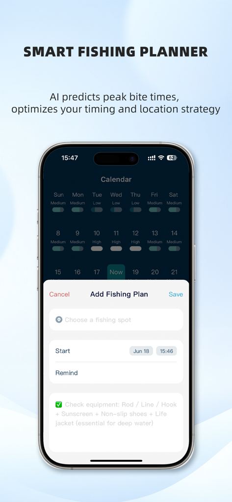 FishMeteo - Fishing forecast - FishMeteo app interface showing the smart fishing planner with AI bite predictions on a calendar and a trip scheduling tool.