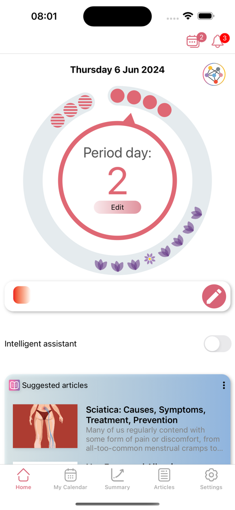 WomanLog Pro Calendar home screen showing a circular menstrual cycle tracker for period day two with suggested health articles