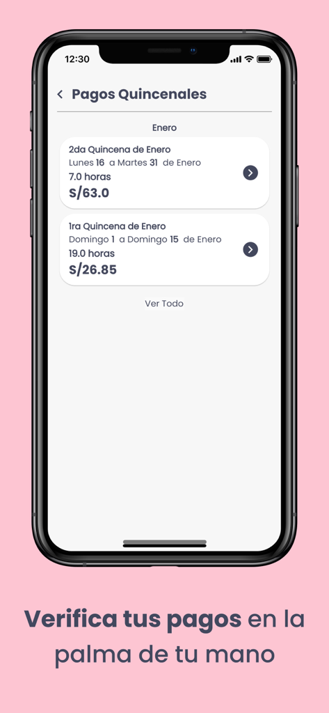 UbyCall - A smartphone screen showing the bi-weekly payment history in the UbyCall app with the Spanish text Verifica tus pagos en la palma de tu mano.