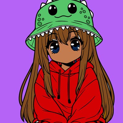 girl with anime shaped eyes with a dinosaur bucket hat oversized sweatshirt long straight hair