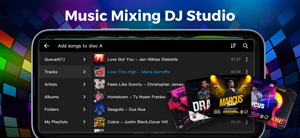 DJ Music Mixer - Rythmix DJ - Interfaz para seleccionar y agregar canciones a una mezcla en la aplicación Rythmix DJ