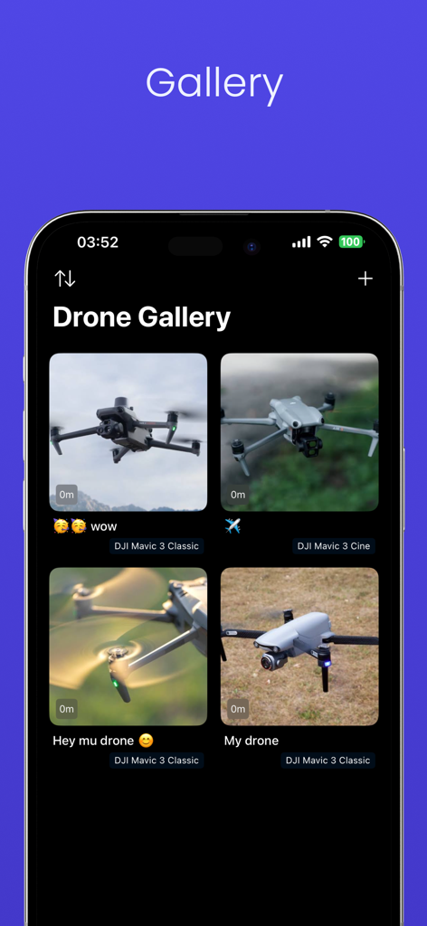 A mobile interface showing the Drone Gallery feature with various DJI Mavic drone photos